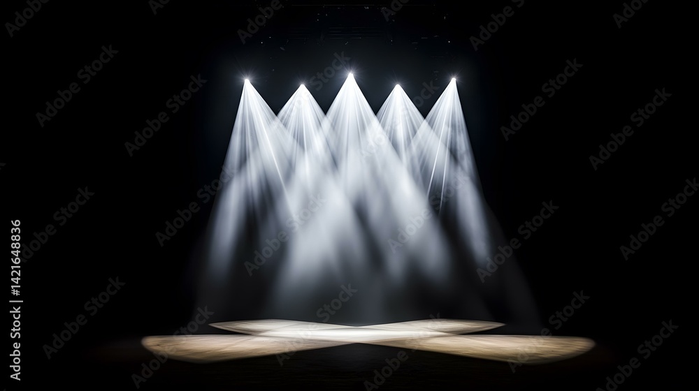 Poster the image shows four spotlights illuminating a stage from above, creating bright beams of light that