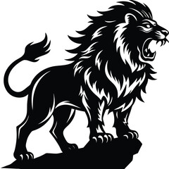 Roaring Lion Vector Illustration: Fierce Black and White Lion Graphic on Rock, Aggressive Animal Mascot, Wildlife Art, Powerful Predator Design