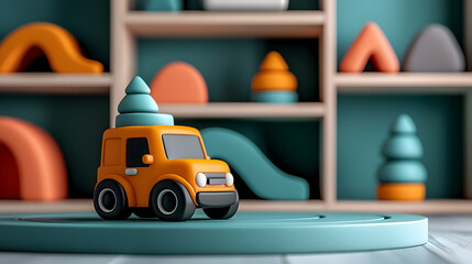 Fototapeta premium Orange Toy Car Carrying Teal Tree Blocks in Playroom Setting