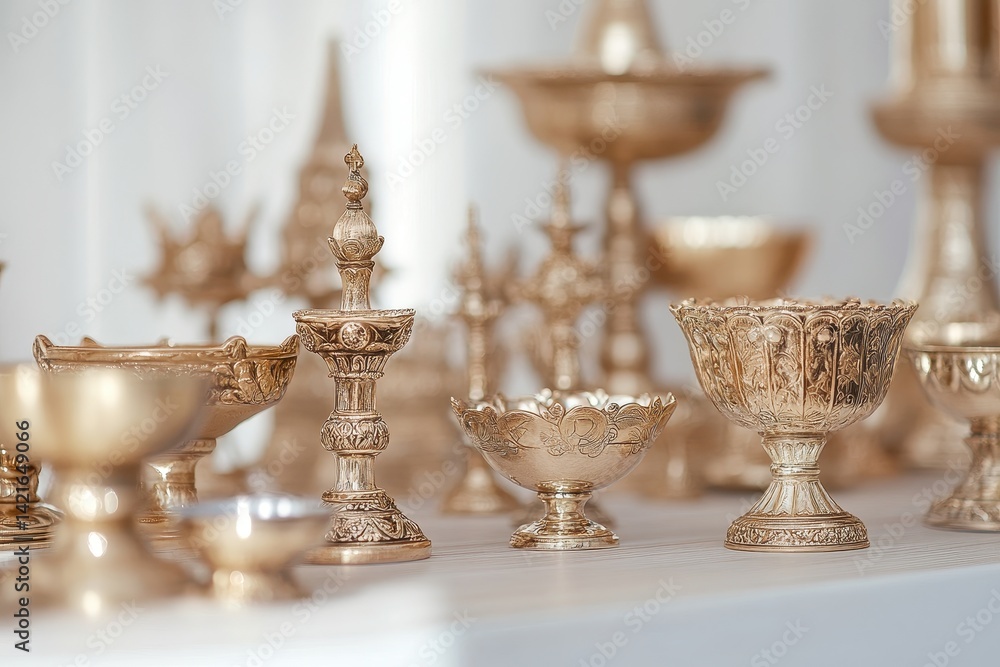 Aufkleber intricate metallic decorative bowls and candlesticks displayed on a white table at a festive event d