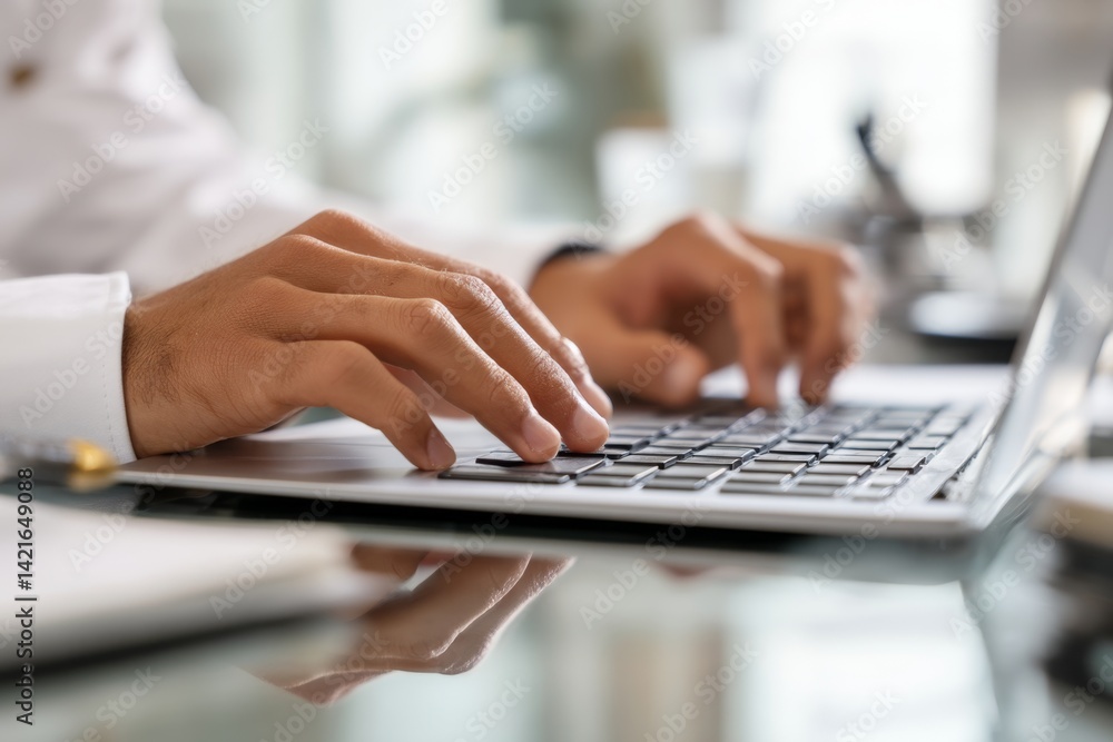 Poster hands typing on laptop keyboard efficiently and quickly at office desk