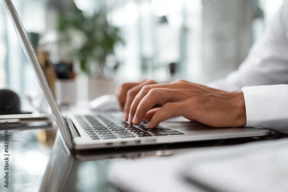 Poster efficiently typing on laptop keyboard, improving skills for fast and accurate document creation.