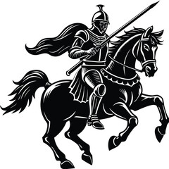 Fototapeta premium Black and White Vector Illustration of a Knight on Horseback with Lance - Medieval Warrior Graphic Art