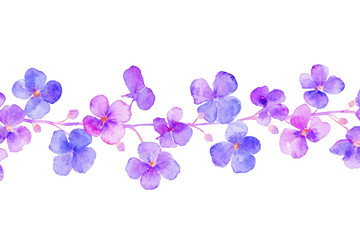 Elegant watercolor floral border with vibrant purple and blue blossoms on black