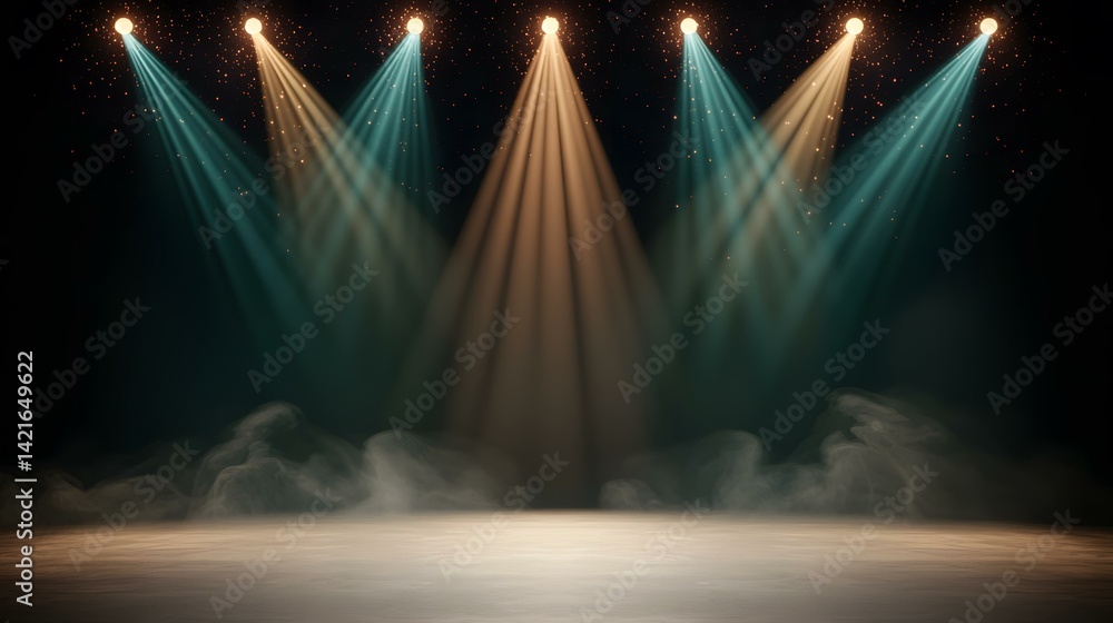 Poster the image contains four spotlights shining down onto a stage from above, creating teal and amber col