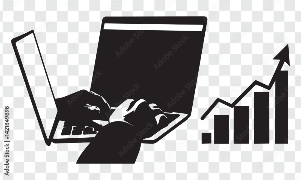 Poster laptop displaying business analytics and financial growth vector on a transparent background