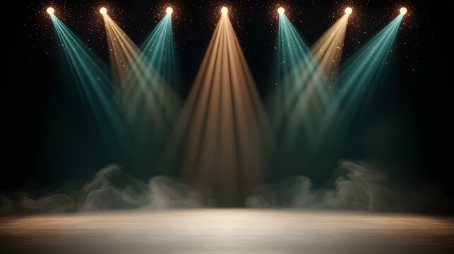 The image contains four spotlights shining down onto a stage from above, creating teal and amber colored beams of light that illuminate a hazy, smoky stage floor.