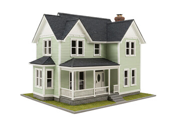 Detailed model of a green residential house with porch and dark roof, isolated on white background, representing suburban home and real estate concept.

