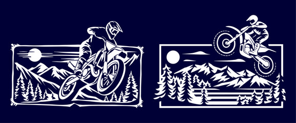 Motocross riders jump and ride mountain path. Outdoor sport and adventure concept. Motorsport competition illustration for poster, banner.
