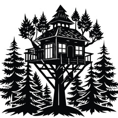 Obraz premium Black & White Treehouse Illustration: Detailed Woodcut Style Image of a Cozy Tree House Surrounded by Pine Trees - Nature & Architecture Art