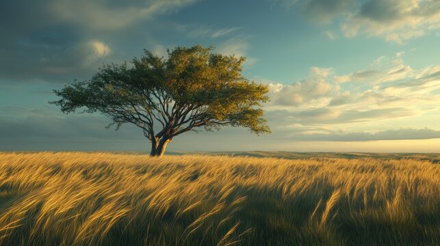 Solitary tree in golden field at sunset.  A lone tree stands tall amidst a vast expanse of golden grass, bathed in the warm light of a serene sunset. Fluffy clouds drift across a clear sky.  