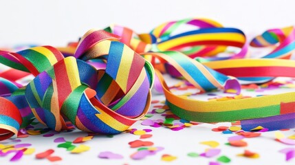 Colorful ribbons and confetti scattered on a white surface, creating a festive celebration atmosphere