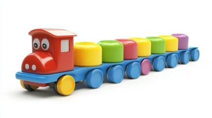 Colorful toy train with stacking blocks on a white background, ideal for children's play and education