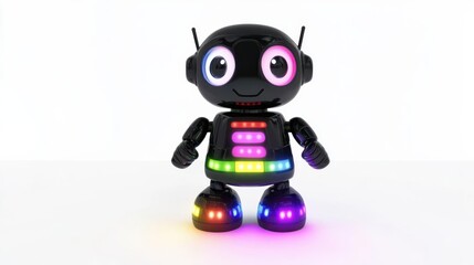Colorful robotic toy with glowing lights, set against a plain white background, ideal for children's marketing