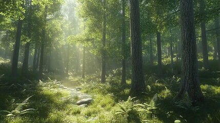Obraz premium Serene Sunlight Through Lush Green Forest Trees Tranquil Nature Scene Peaceful Woodland Path Calm Summer Morning Sunlight Beams Magical Forest 