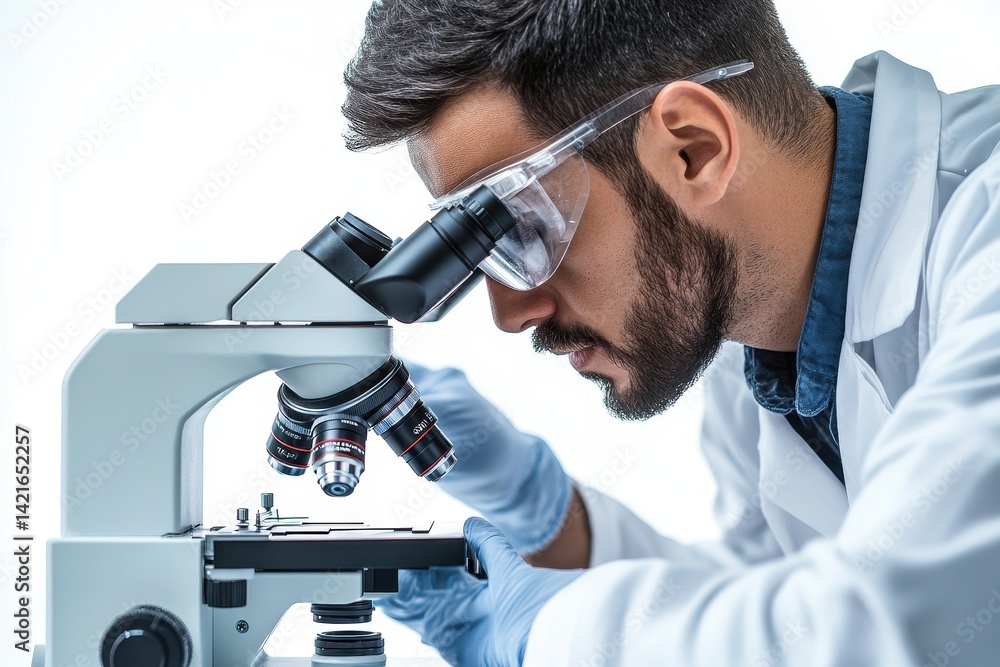 Poster scientist examining samples under microscope in laboratory setting with proper protective gear
