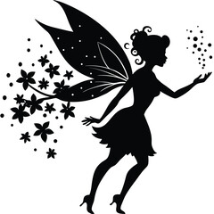 Silhouette Fairy with Wings and Flowers Vector Illustration | Fantasy Art Print, Magical Creature Design, Black and White Clipart