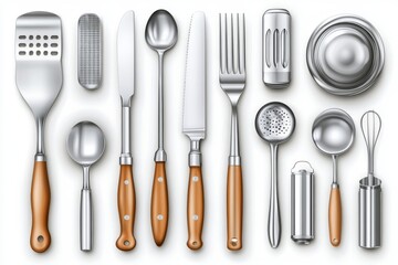 Fototapeta premium Culinary art is displayed through essential kitchen utensils and food preparation in an indoor setting with a top view