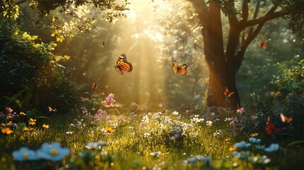 Magical Sunny Forest Meadow Butterflies Spring Nature Scene Peaceful Tranquil Serene Landscape Sunlight Golden Hour Beautiful Vivid Colorful Flowers  
