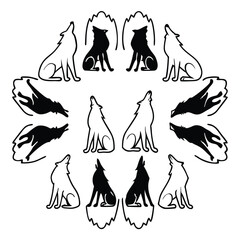 Mystical wolf silhouette designs in nature scenes with spiritual, emotional and tribal elements vector illustration
