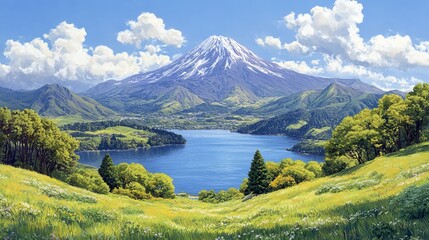 Fototapeta premium Nature photography often captures a tranquil perspective of a serene dormant volcano nestled in a lush valley
