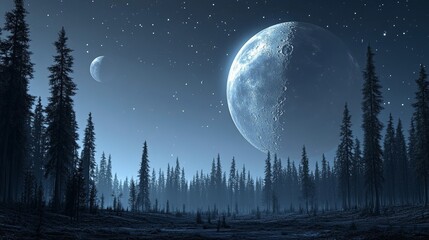 See the fantastical night sky with twin moons emerging above a magical landscape at sundown