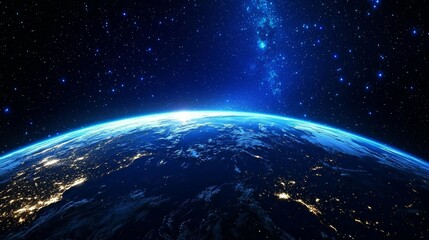 Fototapeta premium Breathtaking View of Earth from Space Showcasing Illuminated Horizon, Vibrant City Lights and a Star-Studded Galaxy in Deep Blue Background Capturing the Universes Incredible Vastness