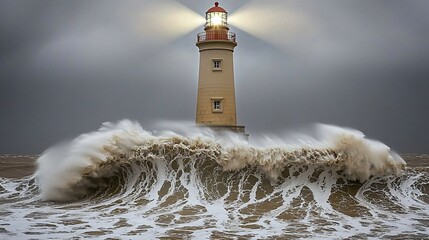 A daring lighthouse shining its guiding light through a stormy night over the ocean with waves crashing around it in a scene of safety and adventure
