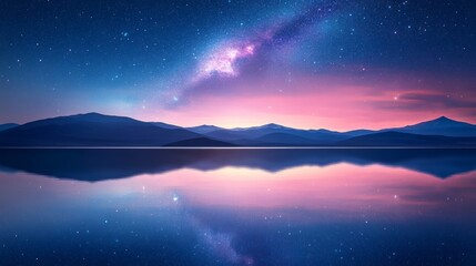 Fototapeta premium The nighttime landscape, set under a vast star-filled sky, is an artistic cosmic exploration