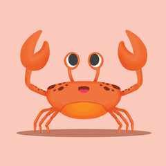 cartoon-style orange crab against a light peach background. The crab has a rounded body with two large, expressive eyes on stalks, a smiling mouth, and raised claws in a cheerful pose