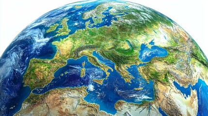 Captivating Earth Globe Rendering Featuring Europe, Africa and the Mediterranean on Clean White Background - Vivid Textures, Realistic Details and Beautiful Oceanic Tones