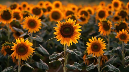 Obraz premium A field of vibrant sunflowers swaying in the golden sunset their large petals illuminated by the warm evening light stretching endlessly into the horizon 