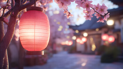 Fototapeta premium Cherry blossom festival with glowing lanterns in a serene setting