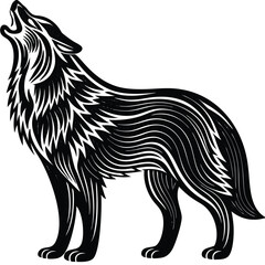 Mystical wolf silhouette designs in nature scenes with spiritual, emotional and tribal elements vector illustration
