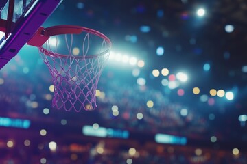Basketball hoop in a brightly lit arena, with a blurred background of spectators and lights, capturing the excitement and energy of a live sporting event