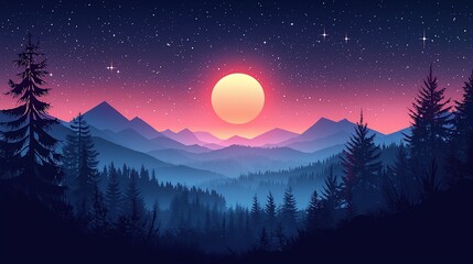 Fototapeta premium Pink sunset over majestic mountains, dark forest, starry night sky, landscape illustration