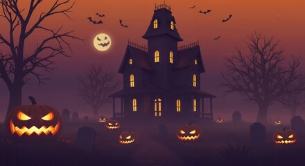 Haunted House with Pumpkins Under Moon