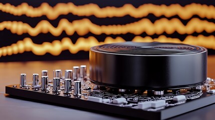 Sleek black device with buttons atop a board, waves in background. Clean, modern look
