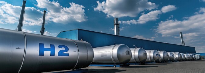 the text "H2" on  Hydrogen storage tank tanks of various sizes, Symbolizes clean, environmentally friendly green energy
