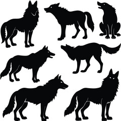 Mystical wolf silhouette designs in nature scenes with spiritual, emotional and tribal elements vector illustration
