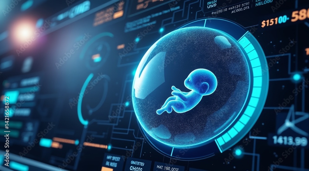 Poster ivf and embryo concept, futuristic display featuring a fetus in a protective sphere with digital int