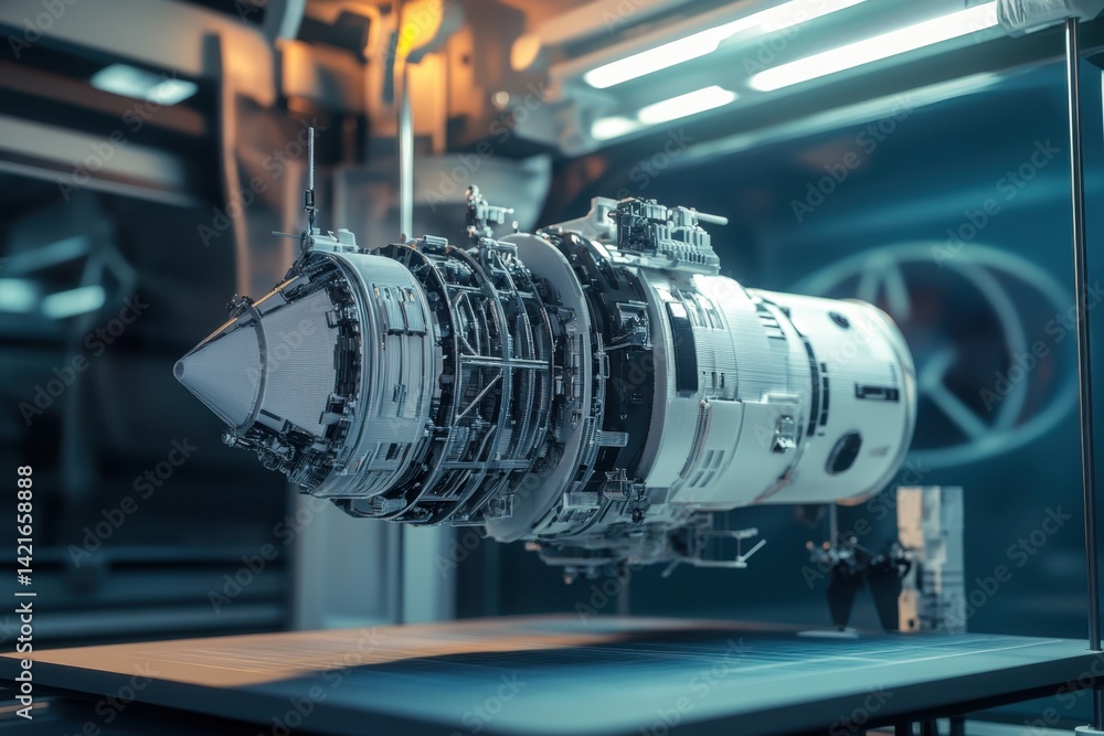 Poster detailed model of a futuristic rocket engine displayed in a high-tech lab environment
