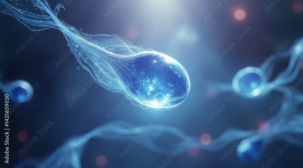 Poster ivf and embryo concept, floating sperm cell in a surreal, abstract setting with glowing elements.