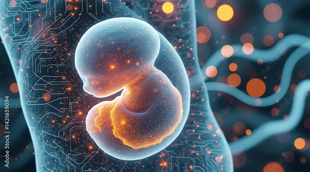 Poster ivf and embryo concept, futuristic representation of an embryo within a digital environment.
