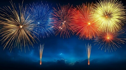 Spectacular Fireworks Display Against a Dark Blue Night Sky with Illumination of Cloud Formations, Radiant Color Bursts of Red, Yellow and Orange Highlighting the Celebration