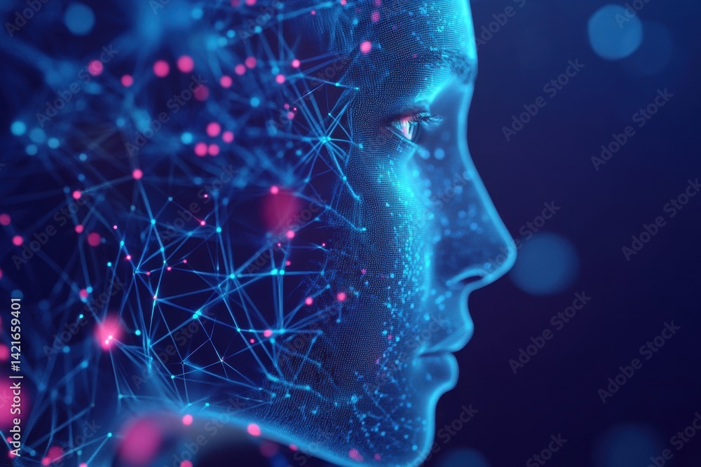 Poster artificial intelligence face with glowing neural network connections in dark background