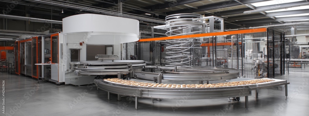 Poster automated food processing: conveyor belt system transports baked goods efficiently through factory