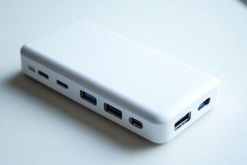 Power bank with multiple ports displayed on a white surface, ideal for charging devices on the go and perfect for travel or daily use