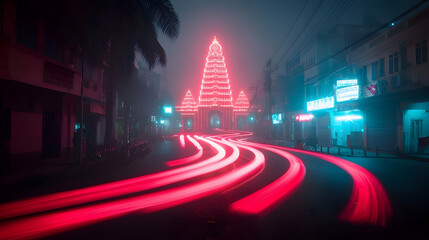 Glowing Temple at Night in Foggy City Street