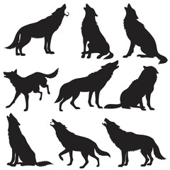 Mystical wolf silhouette designs in nature scenes with spiritual, emotional and tribal elements vector illustration
